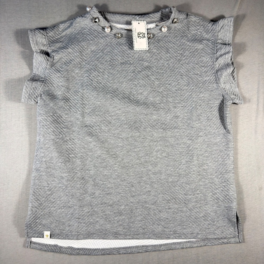 Simply Southern Quilted Ruffle Top‎ Heather Gray Pearl Rhinestone Neck Large NEW